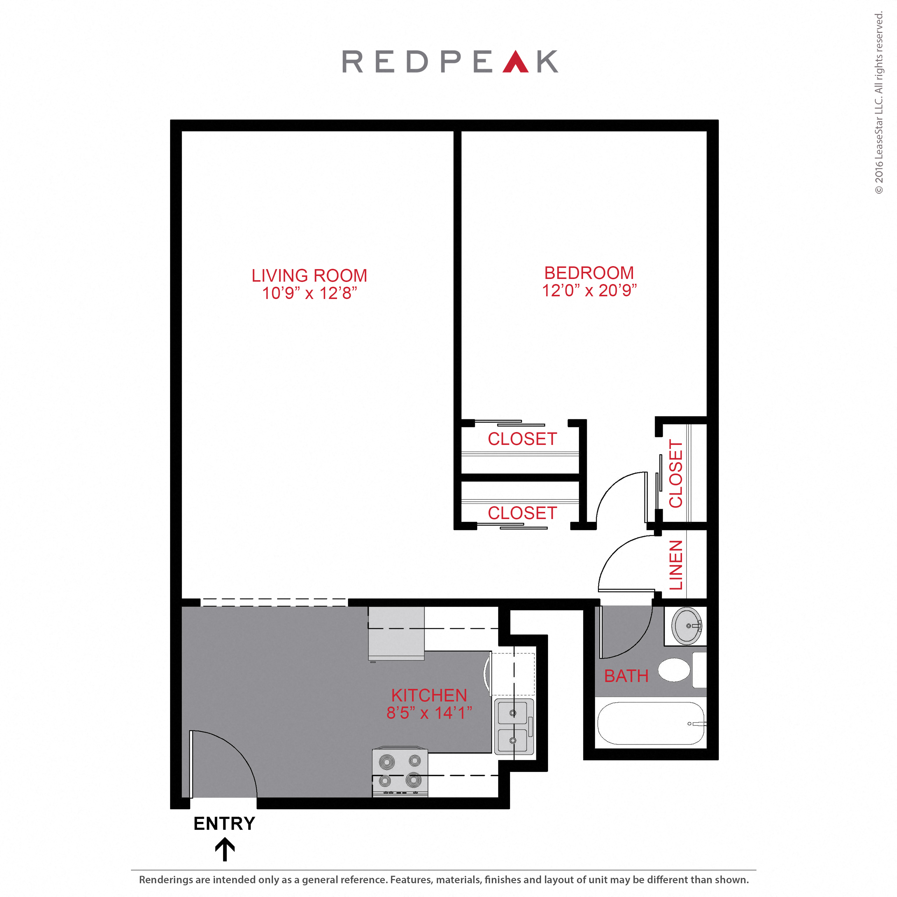 Floor plan for 1 bed, 1 bath, 690 sqft