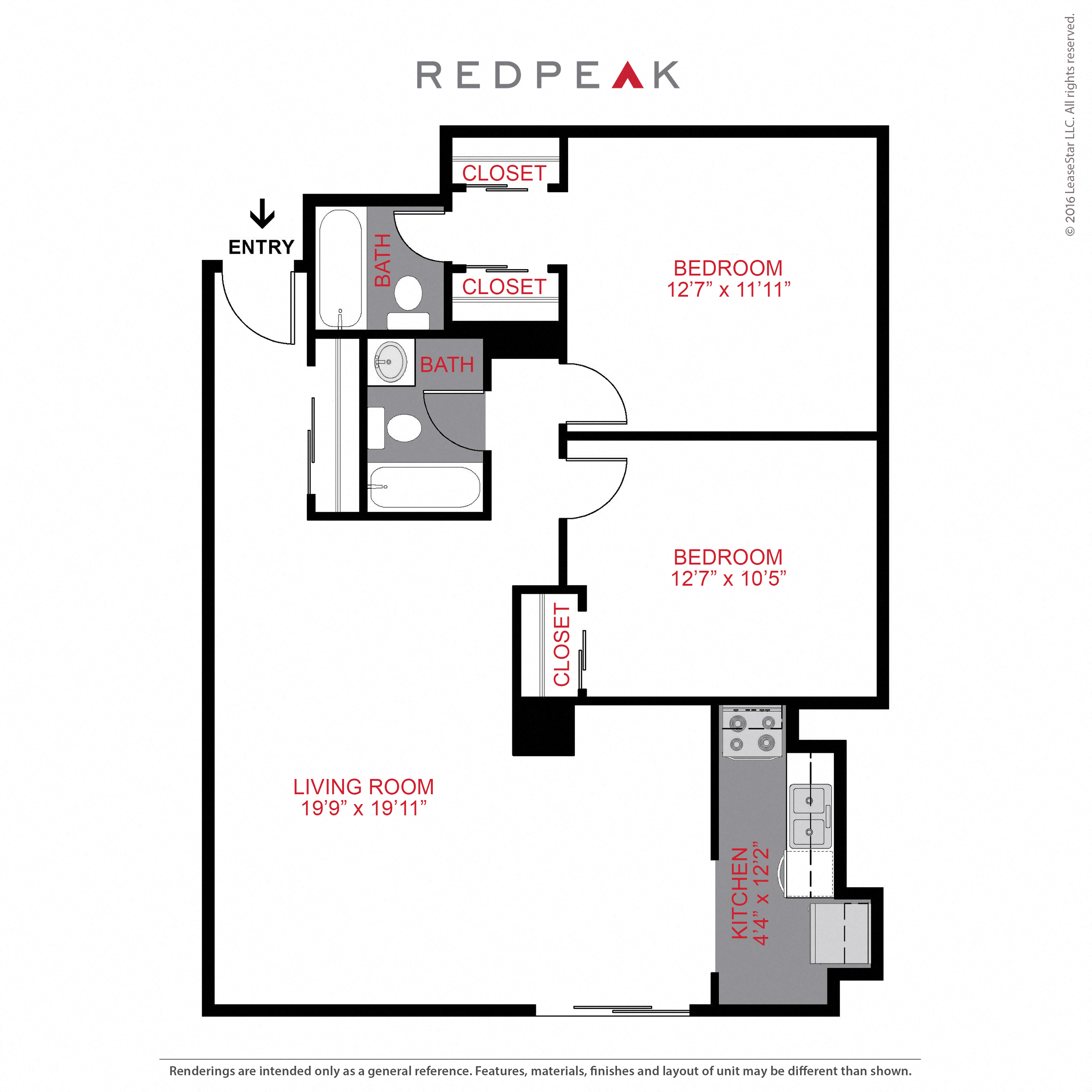 Floor plan for 2 beds, 1 bath, 930 sqft