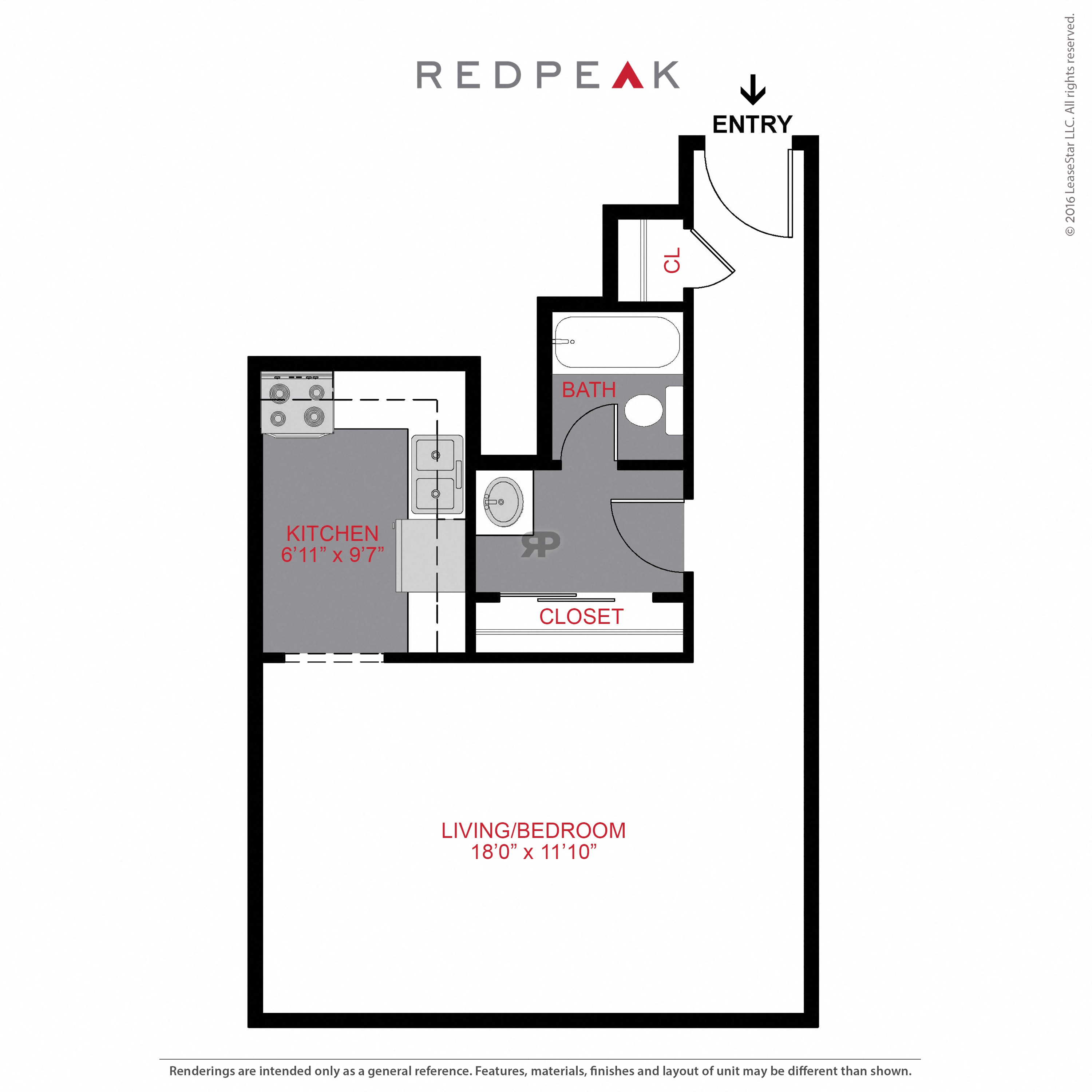 Floor plan for studio, 1 bath, 500 sqft