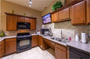 Houston apartment for rent - a kitchen with wooden cabinets and a sink and a stove