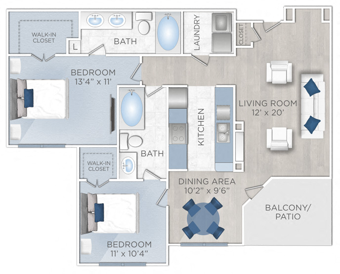 Floor plan for 2 beds, 2 baths, 1046 sqft