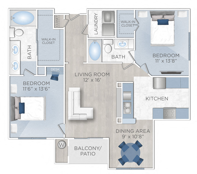 Floor plan for 2 beds, 2 baths, 1107 sqft