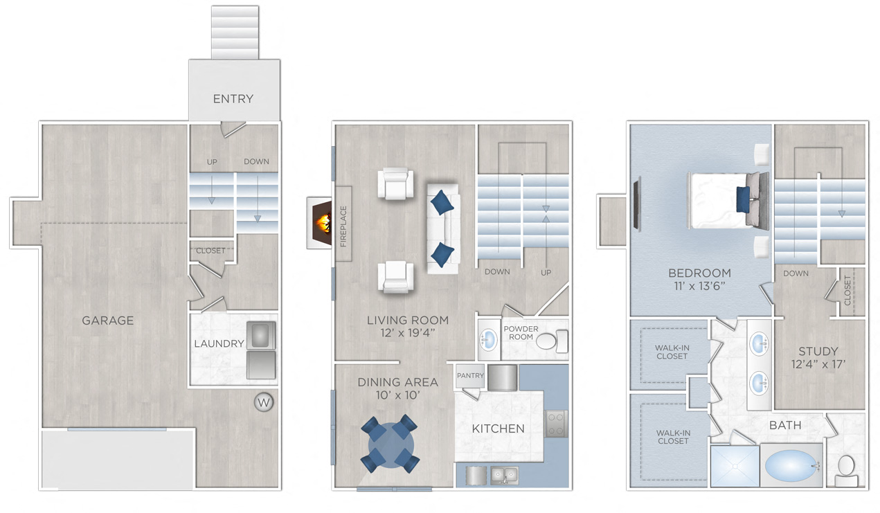 Floor plan for 1 bed, 1.5 baths, 1151 sqft