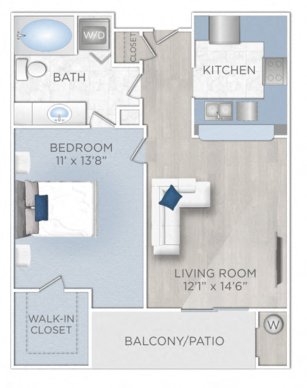 Floor plan for 1 bed, 1 bath, 631 sqft