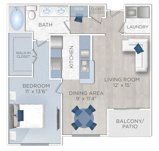 Floor plan for 1 bed, 1 bath, 778 sqft