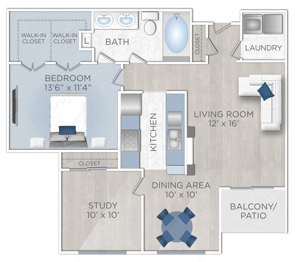 Floor plan for 1 bed, 1 bath, 932 sqft