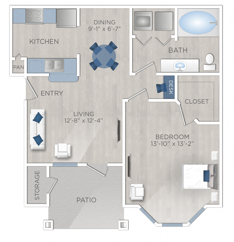 Floor plan for 1 bed, 1 bath, 637 sqft