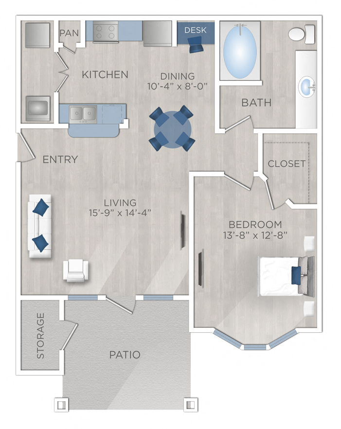 Floor plan for 1 bed, 1 bath, 737 sqft