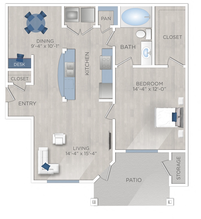 Floor plan for 1 bed, 1 bath, 844 sqft
