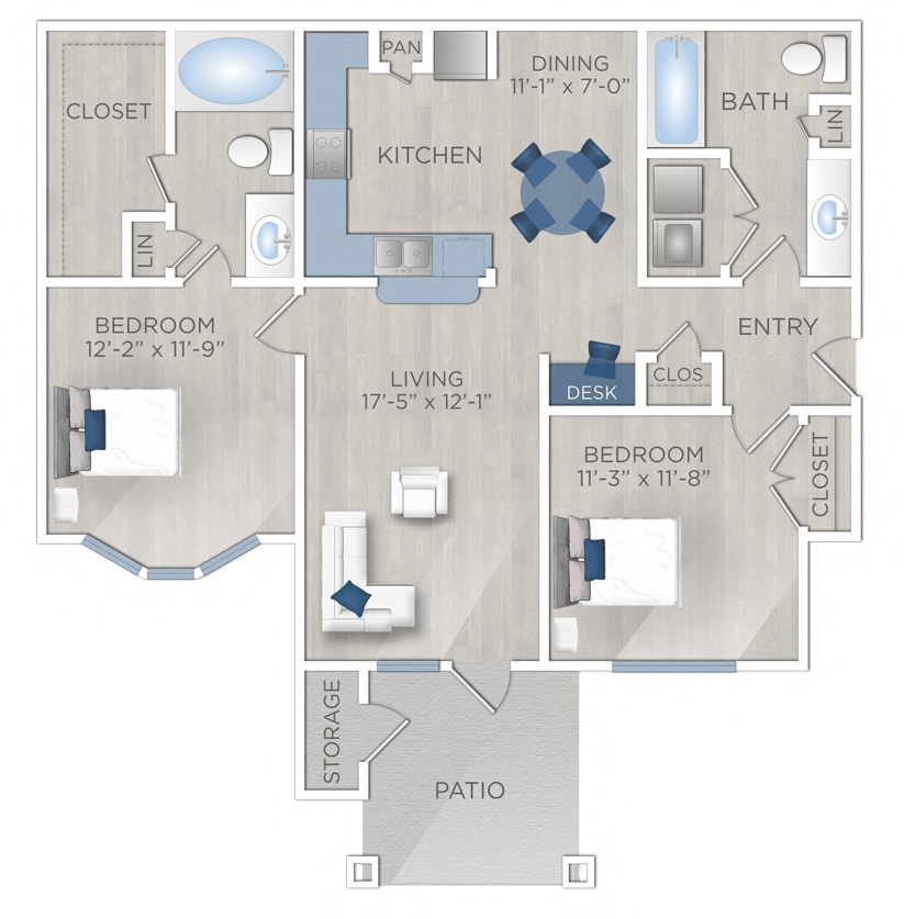 Floor plan for 2 beds, 2 baths, 1026 sqft