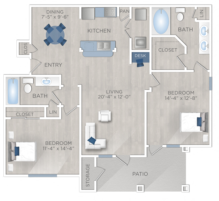 Floor plan for 2 beds, 2 baths, 1135 sqft