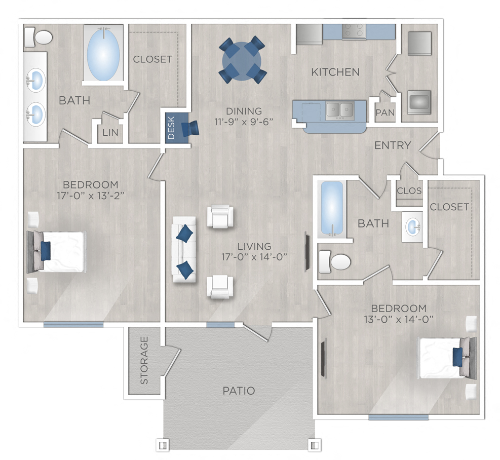 Floor plan for 2 beds, 2 baths, 1277 sqft