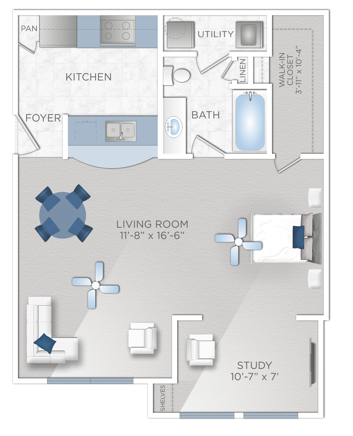 Floor plan for studio, 1 bath, 689 sqft