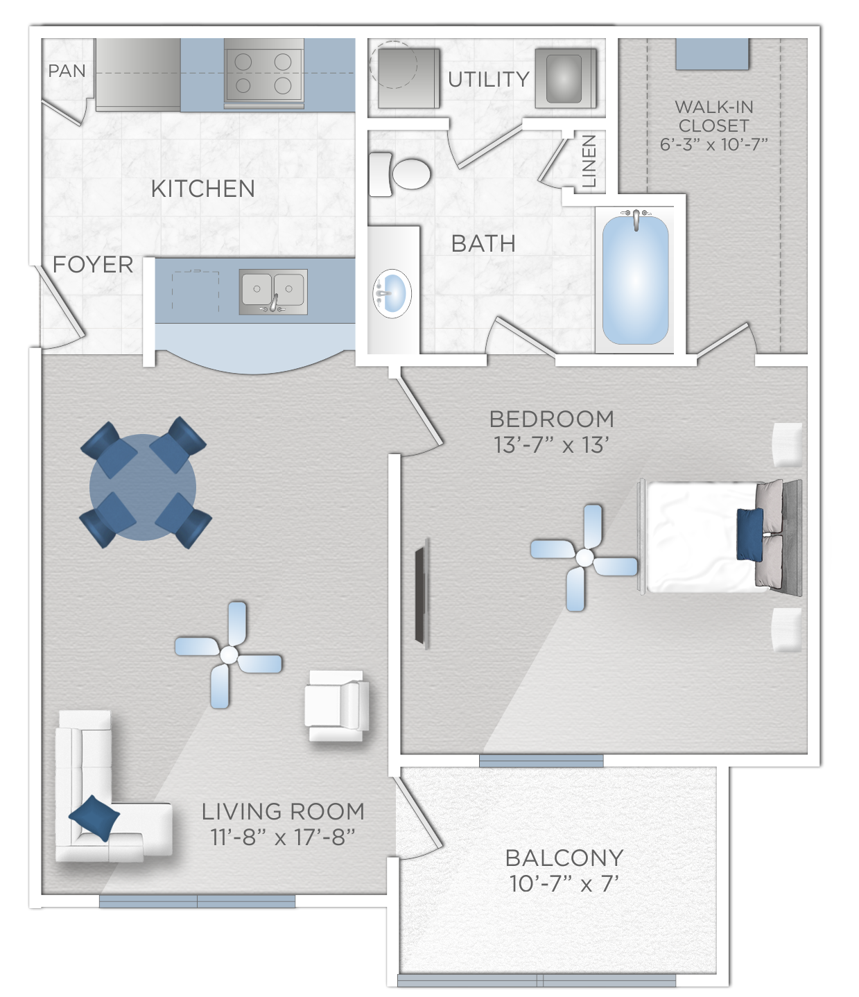 Floor plan for 1 bed, 1 bath, 703 sqft