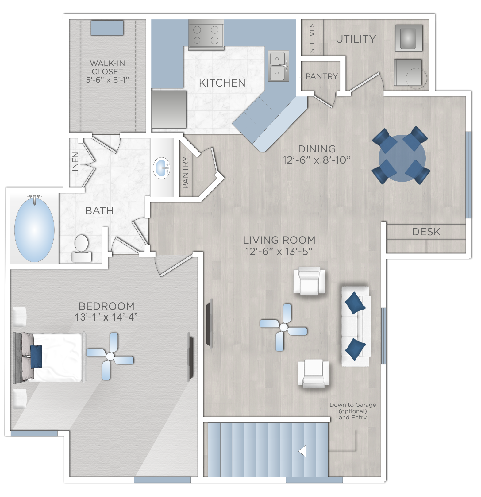 Floor plan for 1 bed, 1 bath, 929 sqft