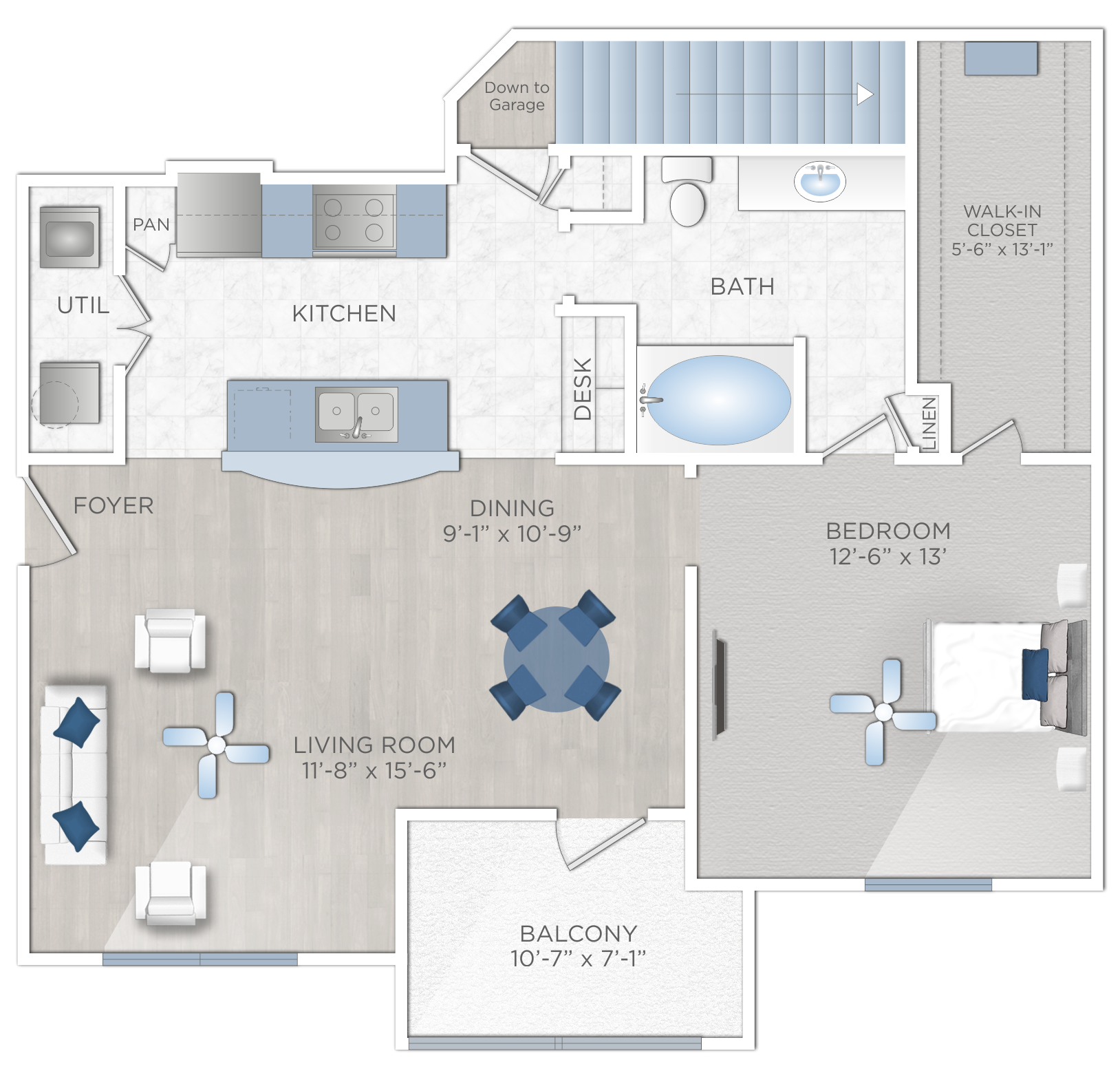 Floor plan for 1 bed, 1 bath, 894 sqft