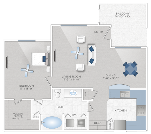 Floor plan for 1 bed, 1 bath, 778 sqft