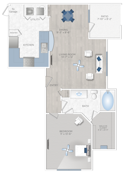 Floor plan for 1 bed, 1 bath, 742 sqft