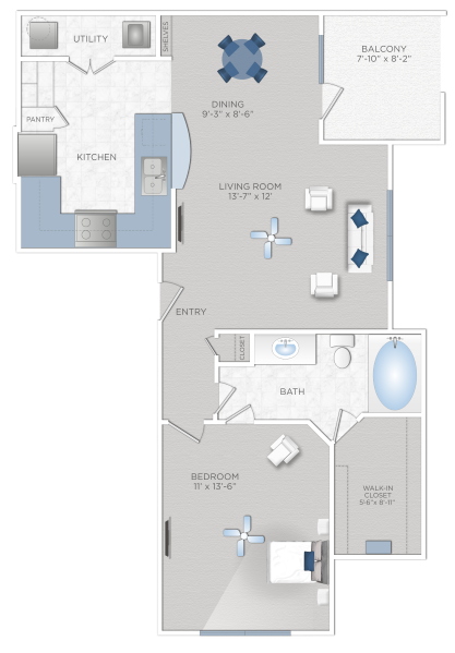Floor plan for 1 bed, 1 bath, 742 sqft