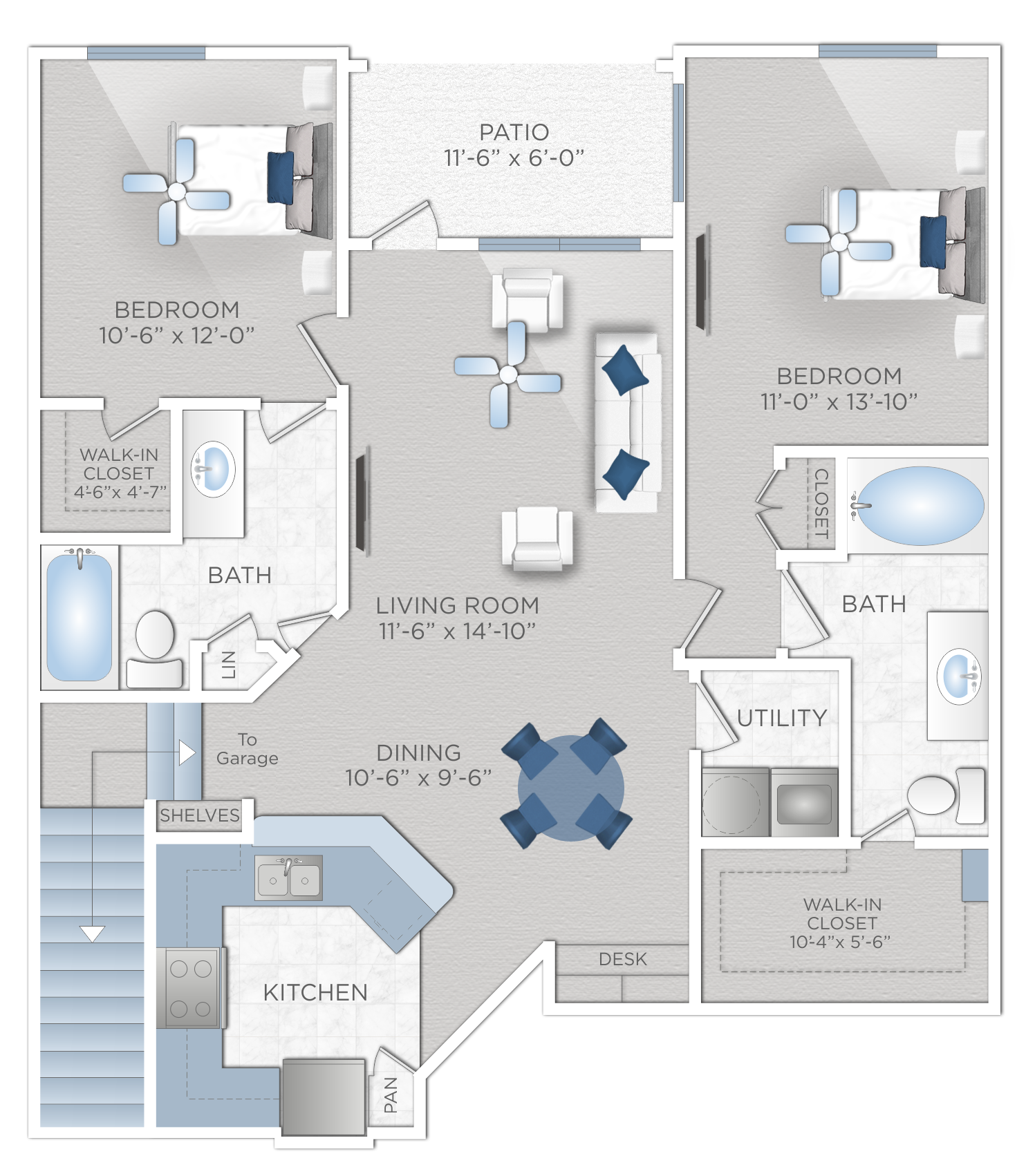 Floor plan for 2 beds, 2 baths, 1172 sqft