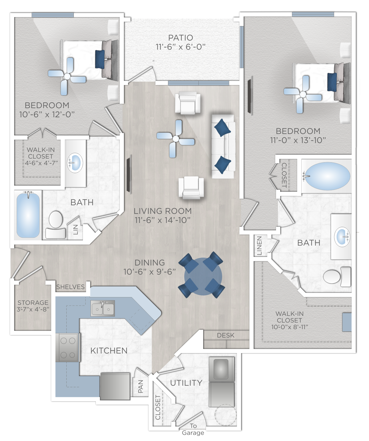 Floor plan for 2 beds, 2 baths, 1187 sqft