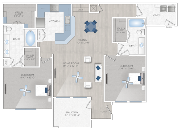 Floor plan for 2 beds, 2 baths, 1285 sqft
