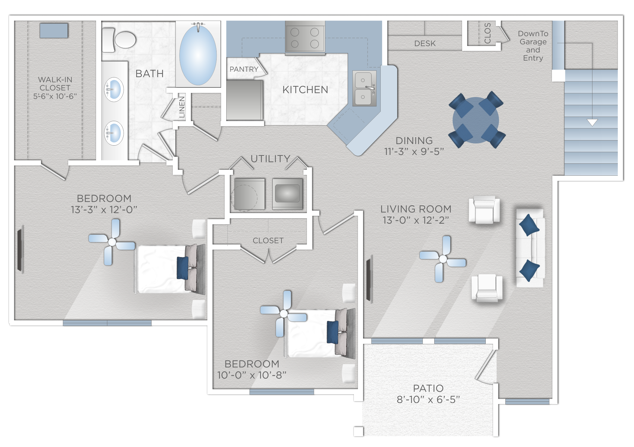 Floor plan for 2 beds, 1 bath, 1095 sqft