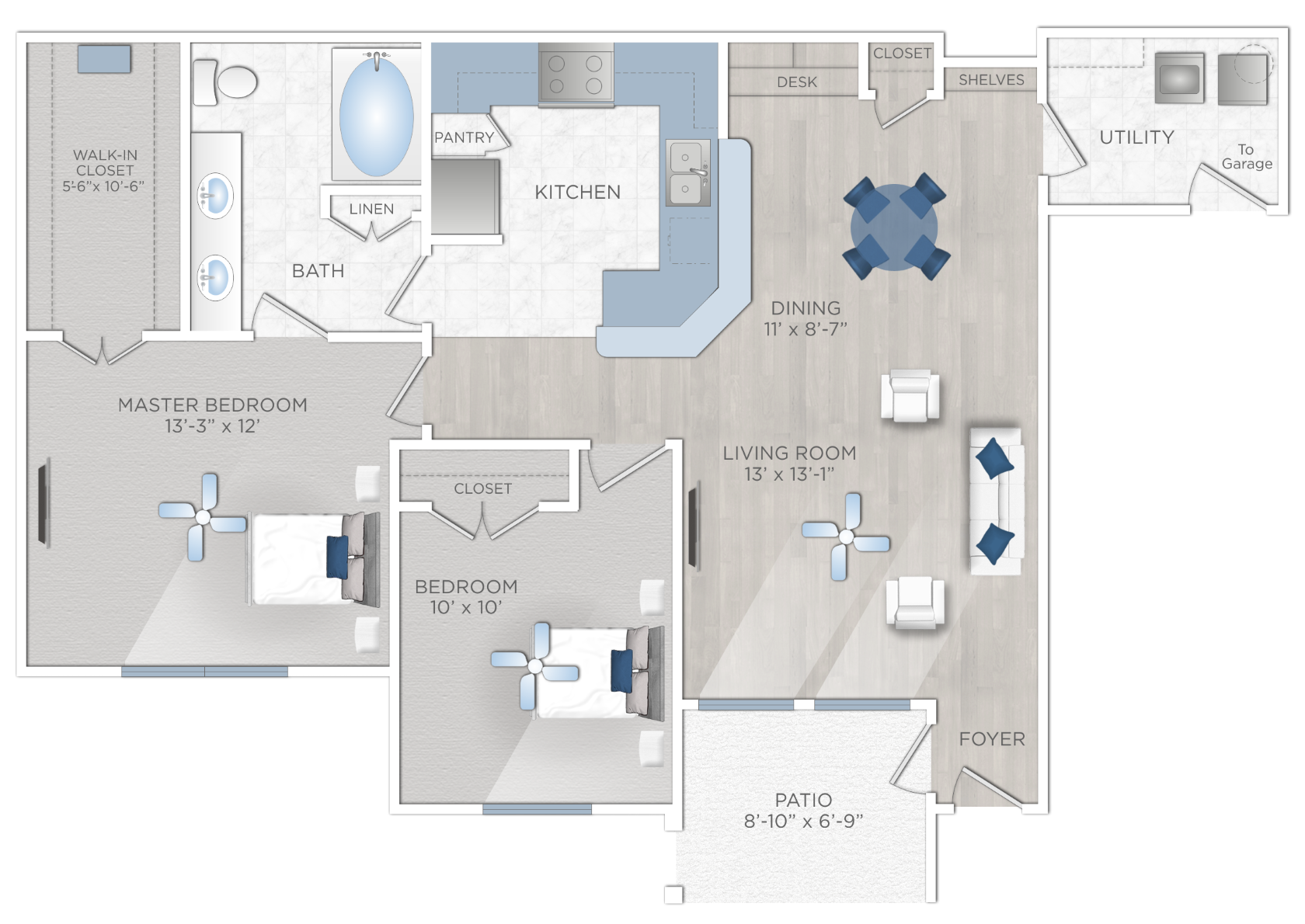 Floor plan for 2 beds, 1 bath, 1020 sqft