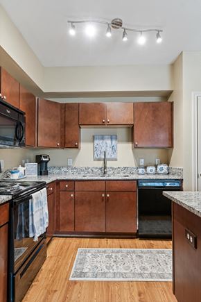 Conroe apartment for rent - A kitchen with wooden cabinets and a granite countertop.
