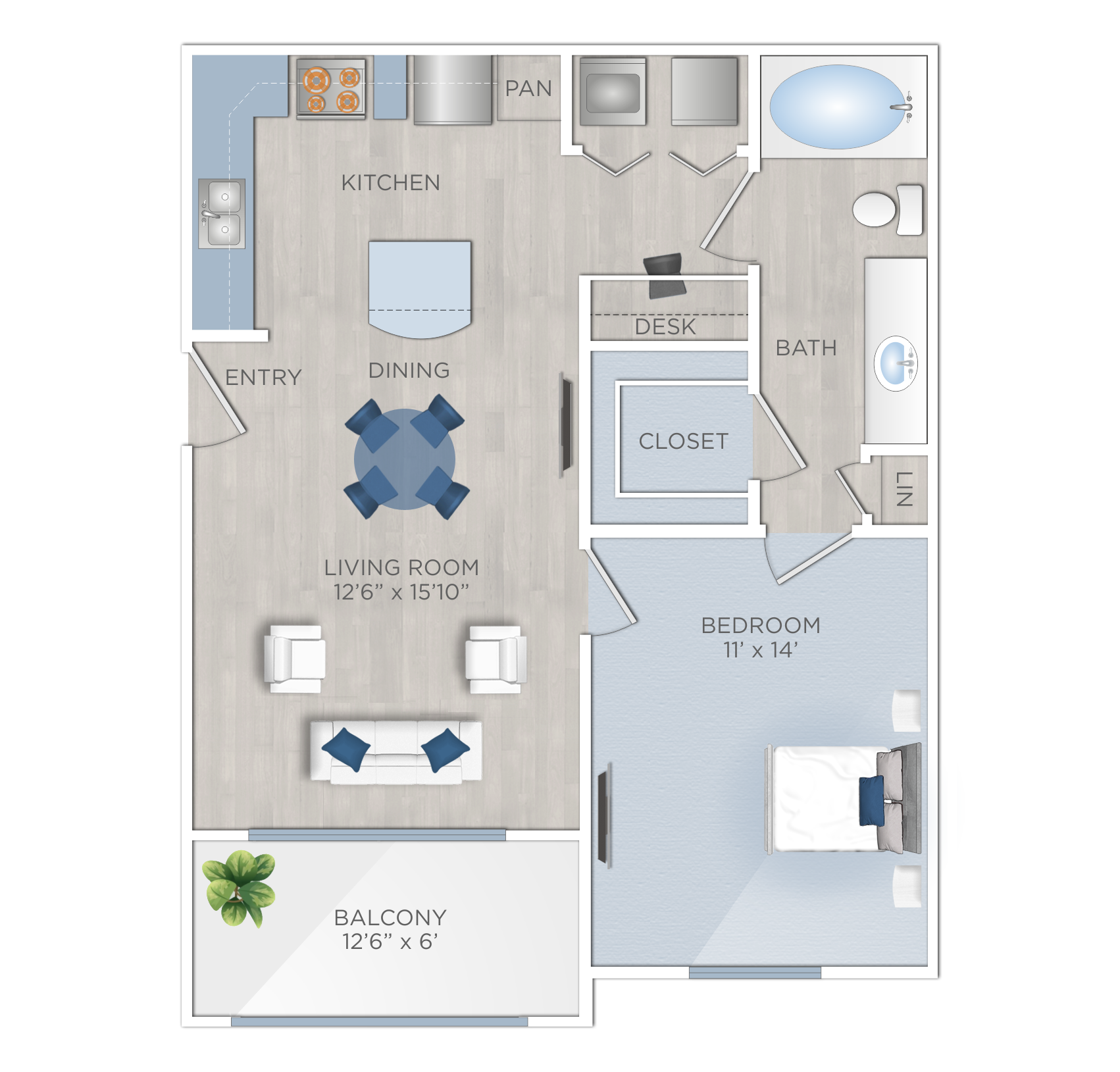 Floor plan for 1 bed, 1 bath, 684 sqft