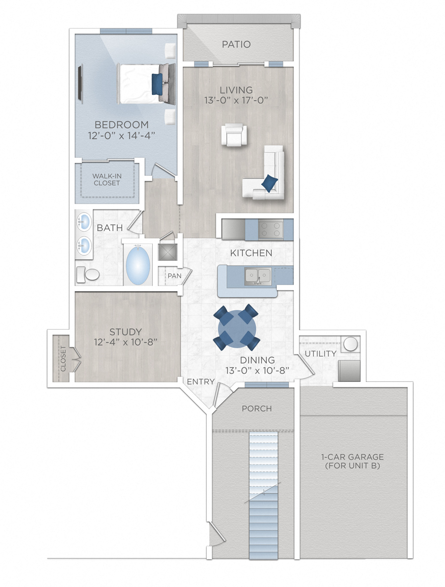 Floor plan for 1 bed, 1 bath, 1034 sqft