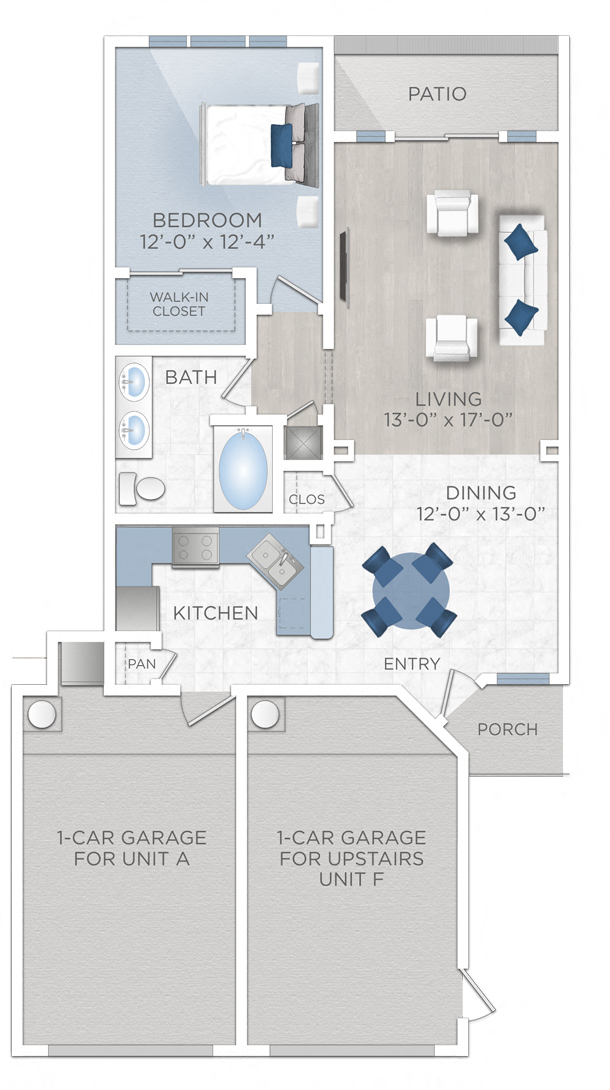 Floor plan for 1 bed, 1 bath, 886 sqft
