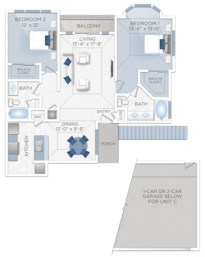 Floor plan for 2 beds, 2 baths, 1212 sqft