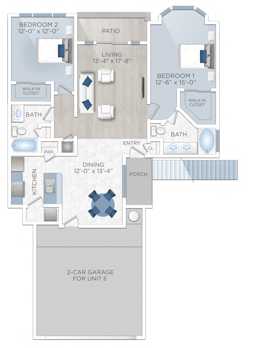Floor plan for 2 beds, 2 baths, 1236 sqft