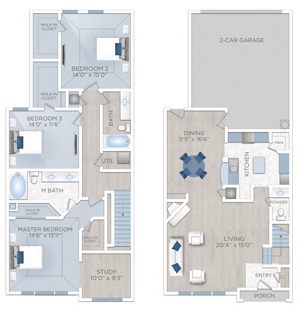 Floor plan for 3 beds, 2.5 baths, 2098 sqft