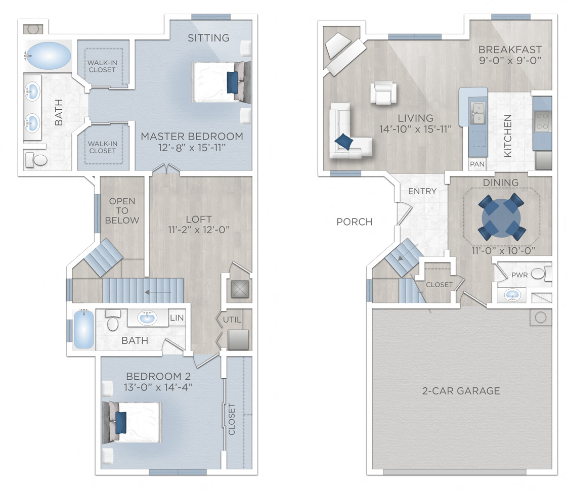 Floor plan for 2 beds, 2.5 baths, 1715 sqft