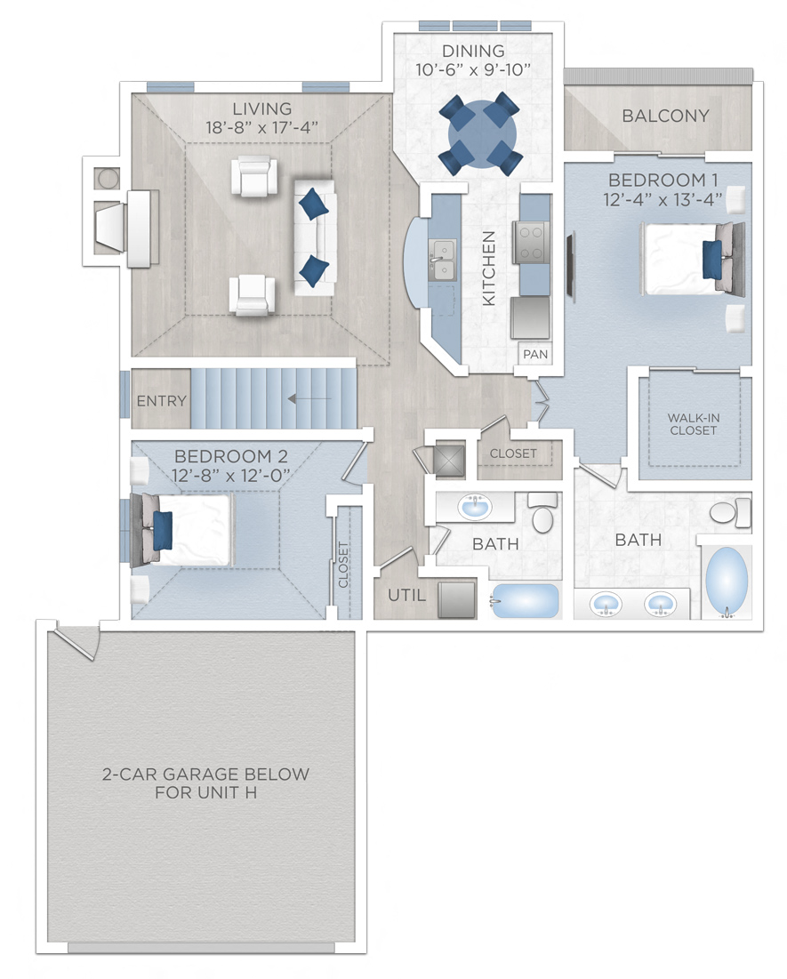 Floor plan for 2 beds, 2 baths, 1388 sqft