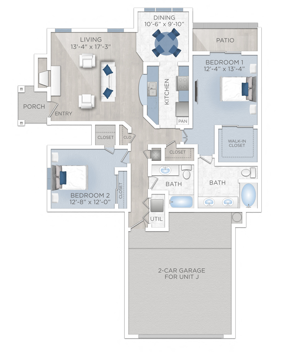 Floor plan for 2 beds, 2 baths, 1393 sqft