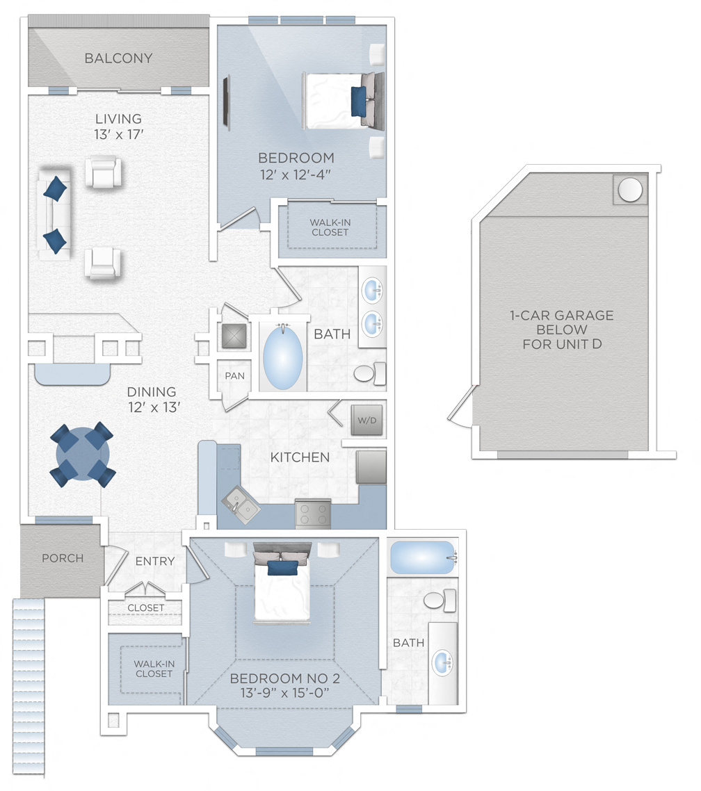 Floor plan for 2 beds, 2 baths, 1240 sqft