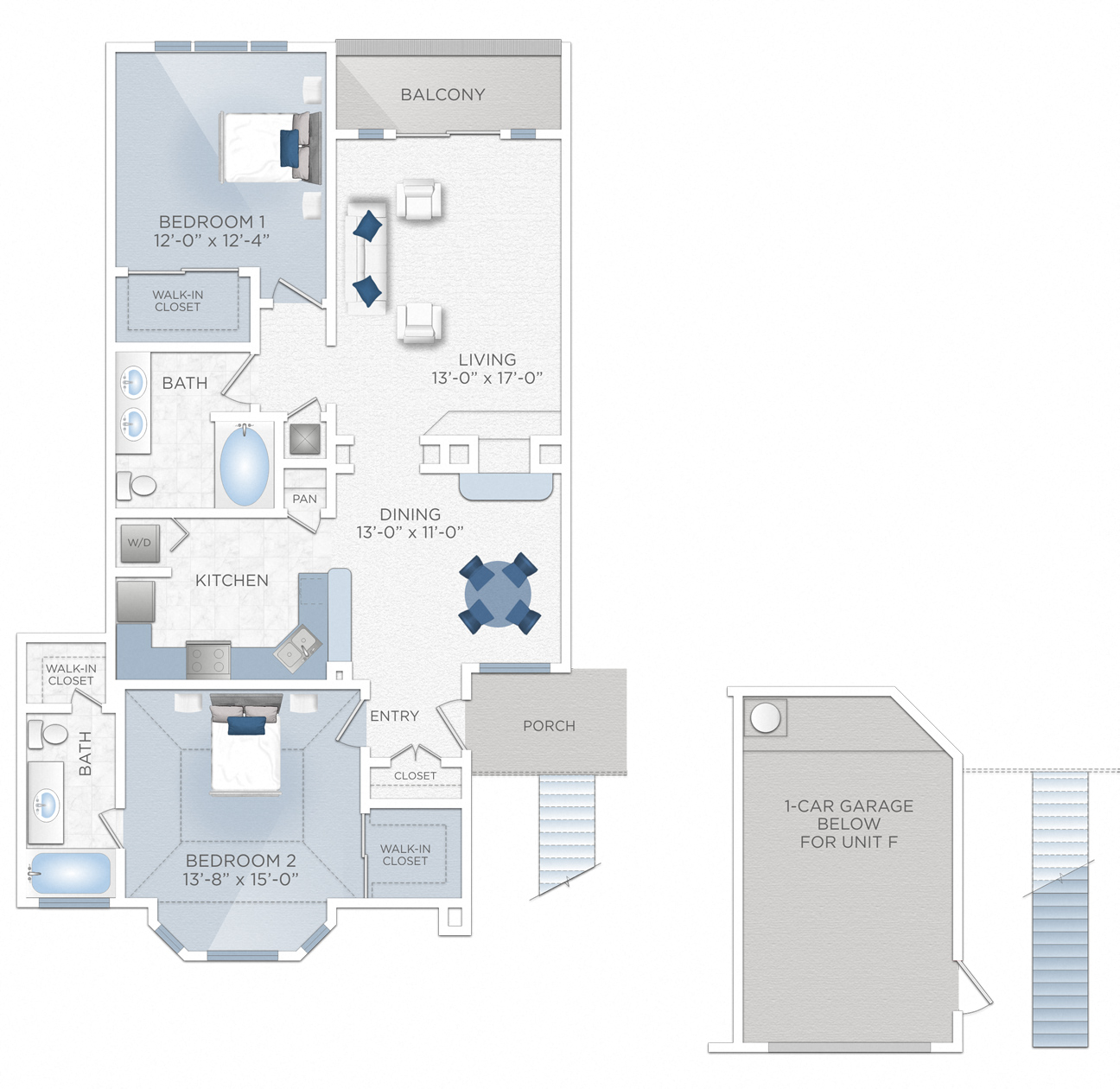 Floor plan for 2 beds, 2 baths, 1240 sqft