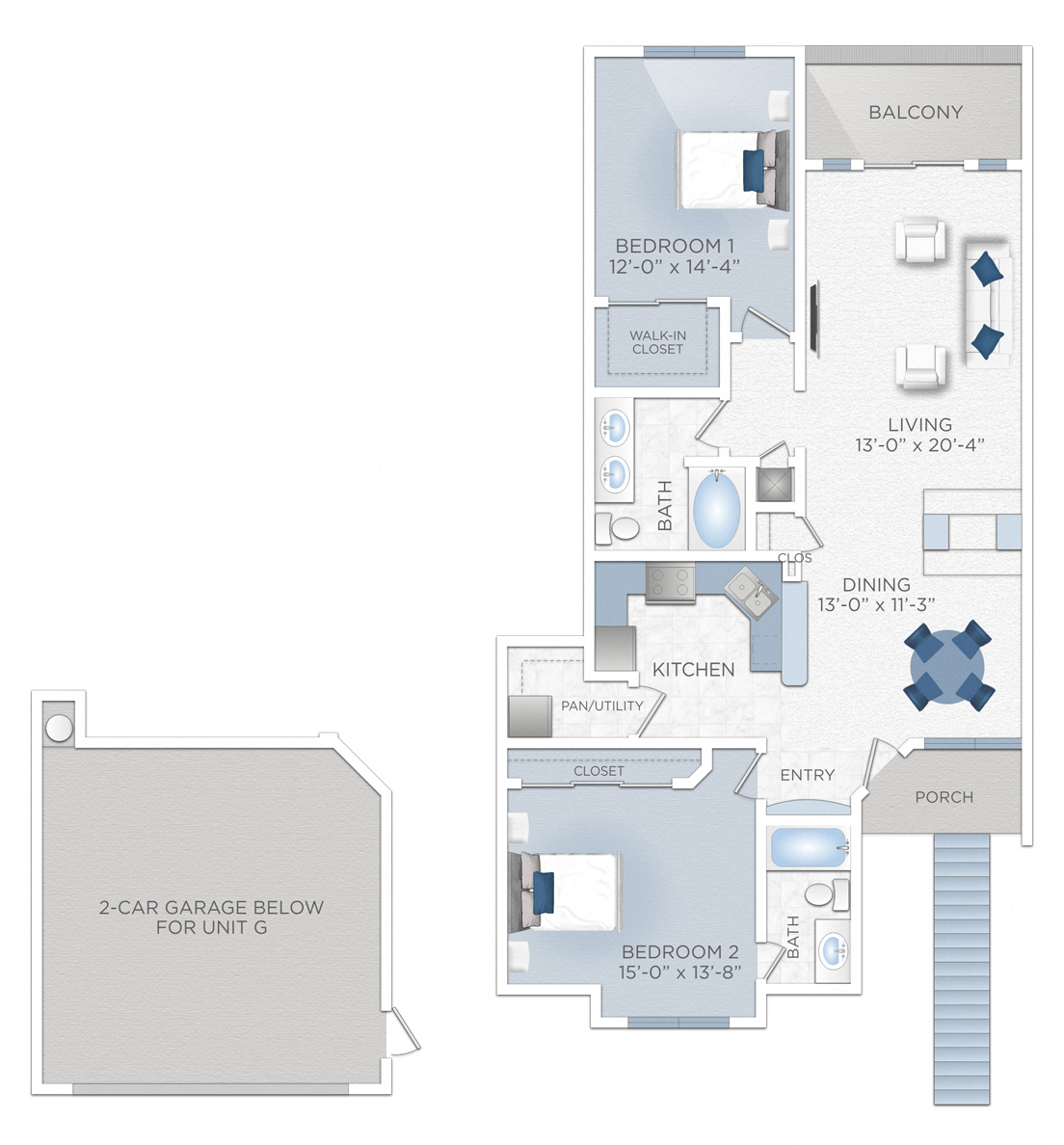 Floor plan for 2 beds, 2 baths, 1332 sqft