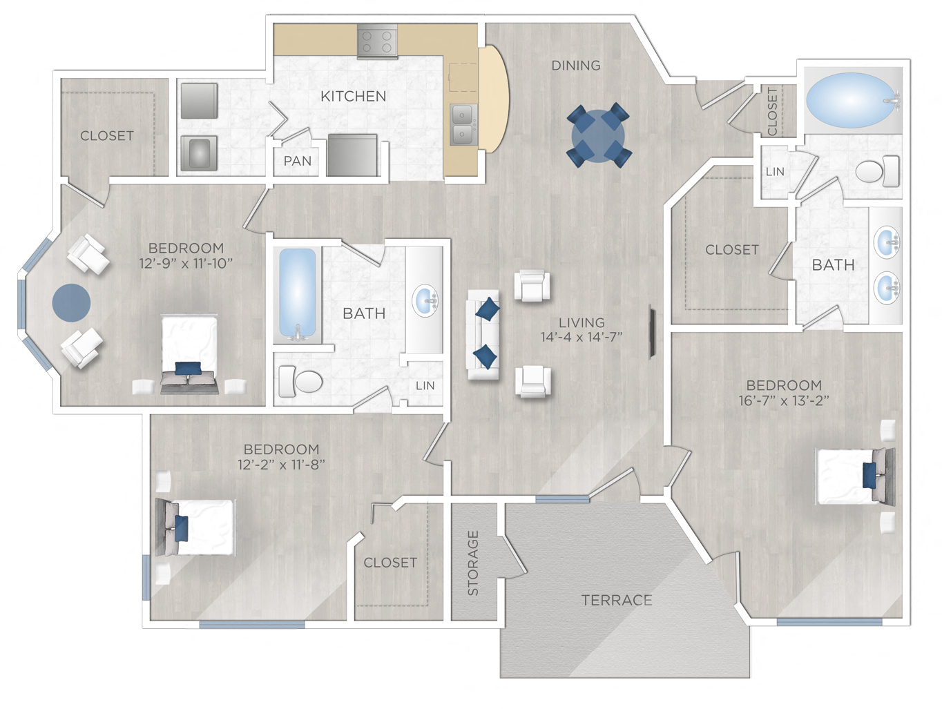 Floor plan for 3 beds, 2 baths, 1378 sqft