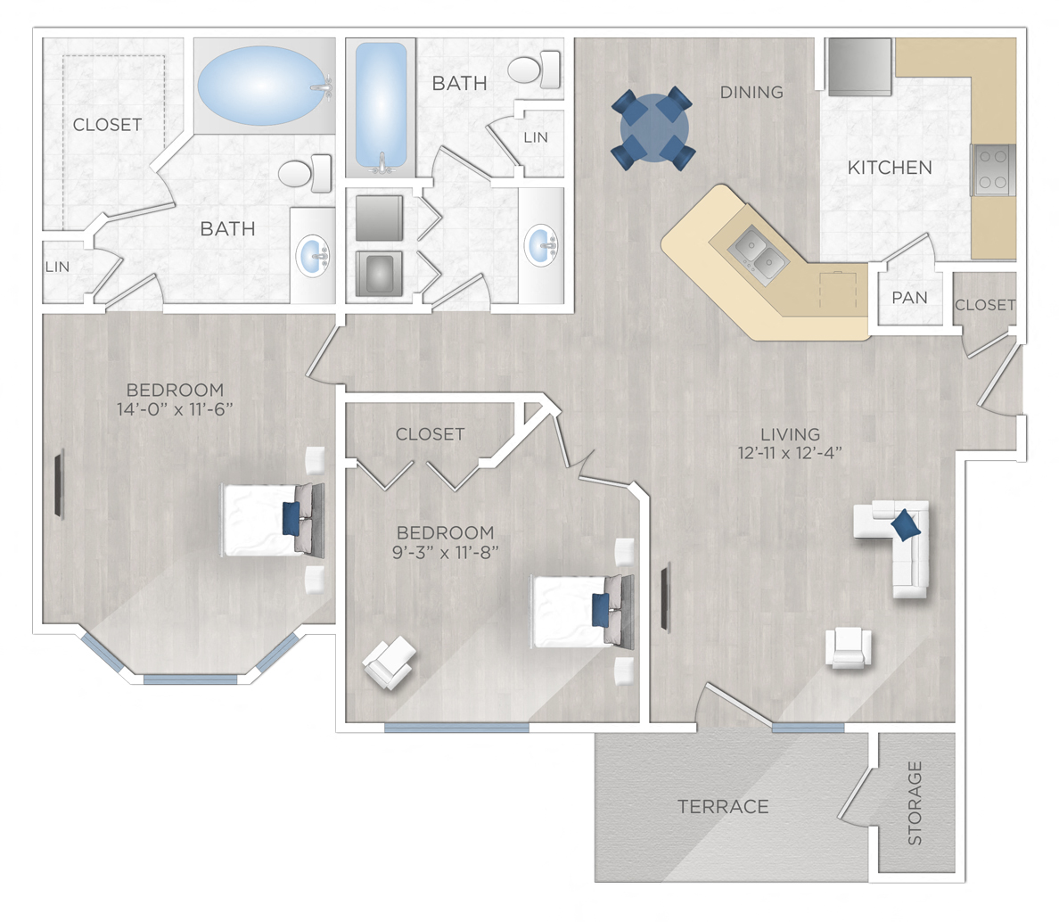 Floor plan for 2 beds, 2 baths, 995 sqft
