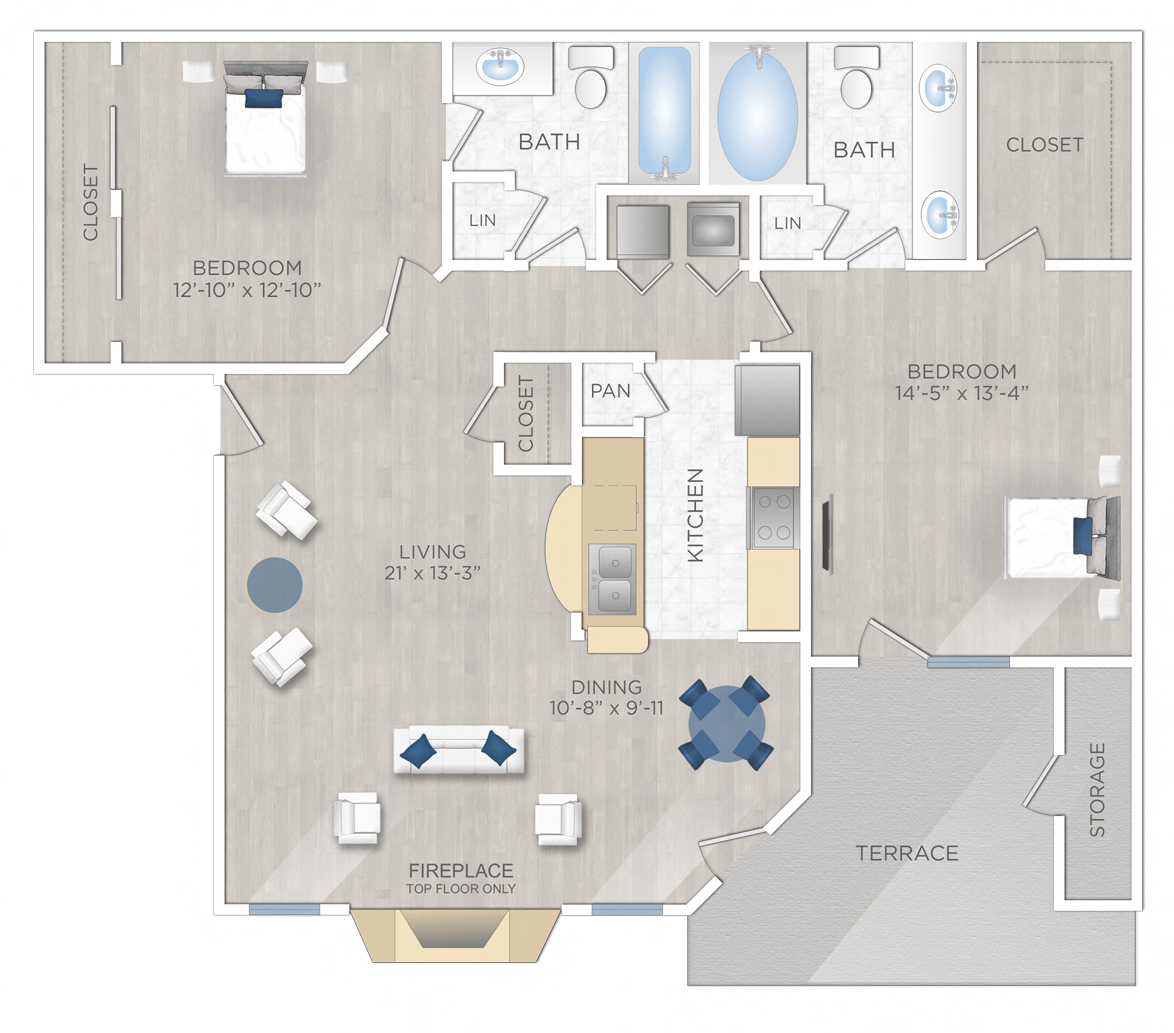 Floor plan for 2 beds, 2 baths, 1151 sqft