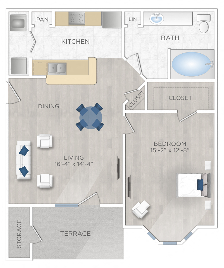 Floor plan for 1 bed, 1 bath, 725 sqft