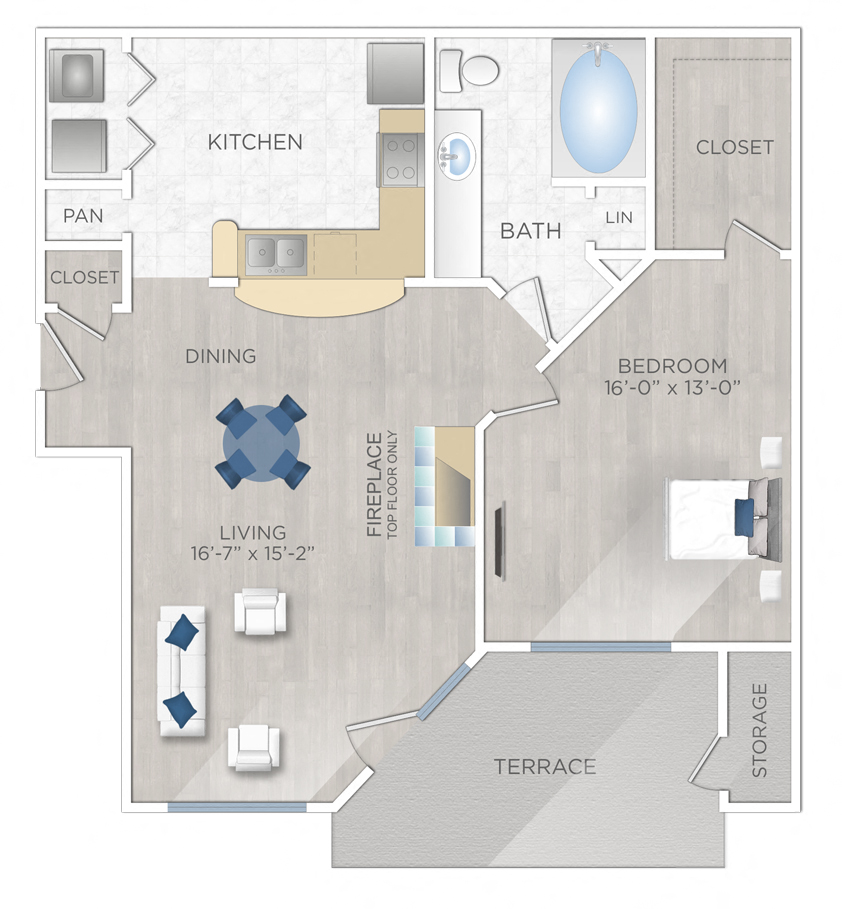 Floor plan for 1 bed, 1 bath, 841 sqft