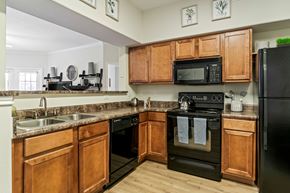 San Antonio apartment for rent - A kitchen with wooden cabinets and black appliances.