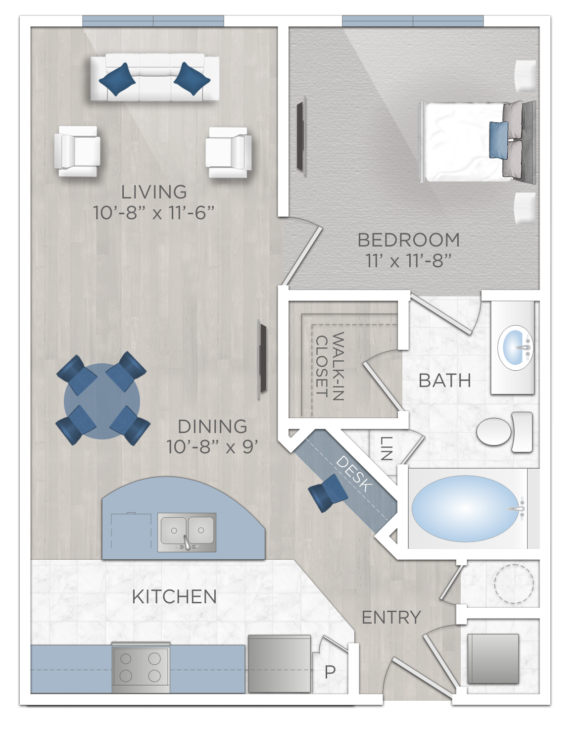 Floor plan for 1 bed, 1 bath, 675 sqft