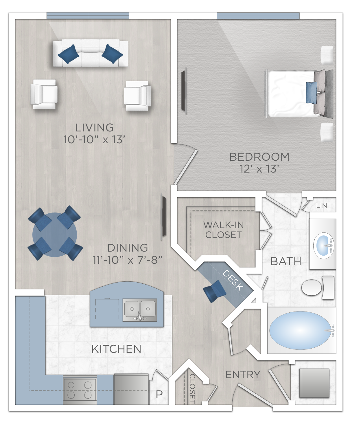 Floor plan for 1 bed, 1 bath, 740 sqft