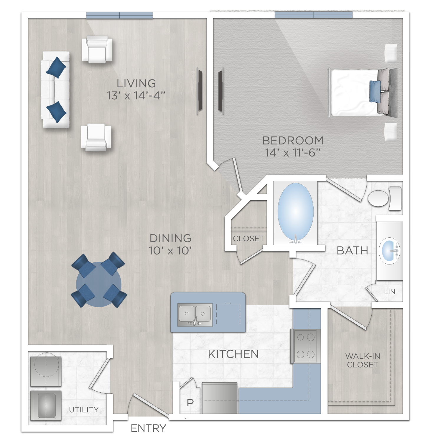Floor plan for 1 bed, 1 bath, 847 sqft